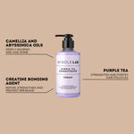 Purple tea conditioner bottle with text on a beige background